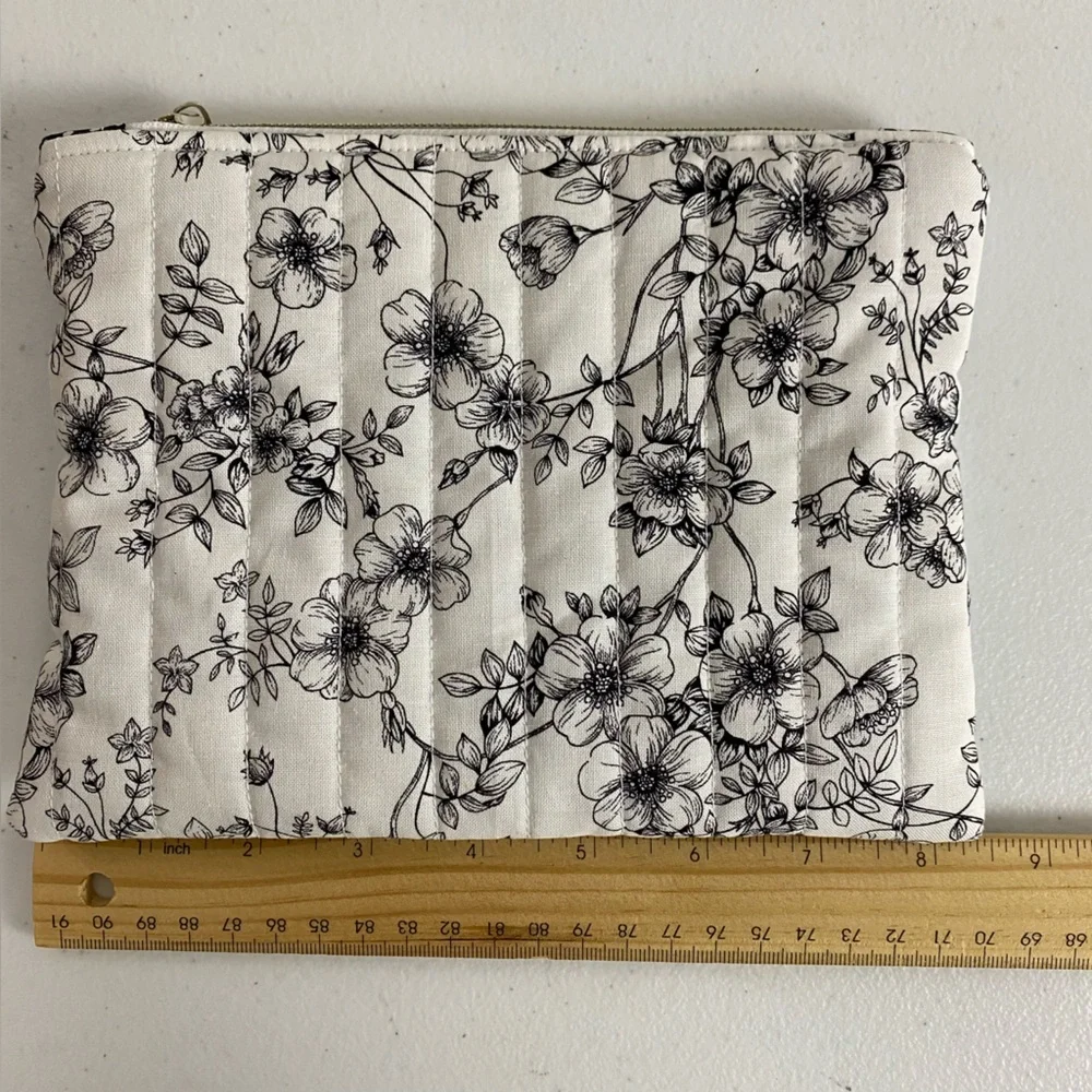 Quilted Floral‎ Zipper Pouch Black White Botanical Makeup Bag -Gift
